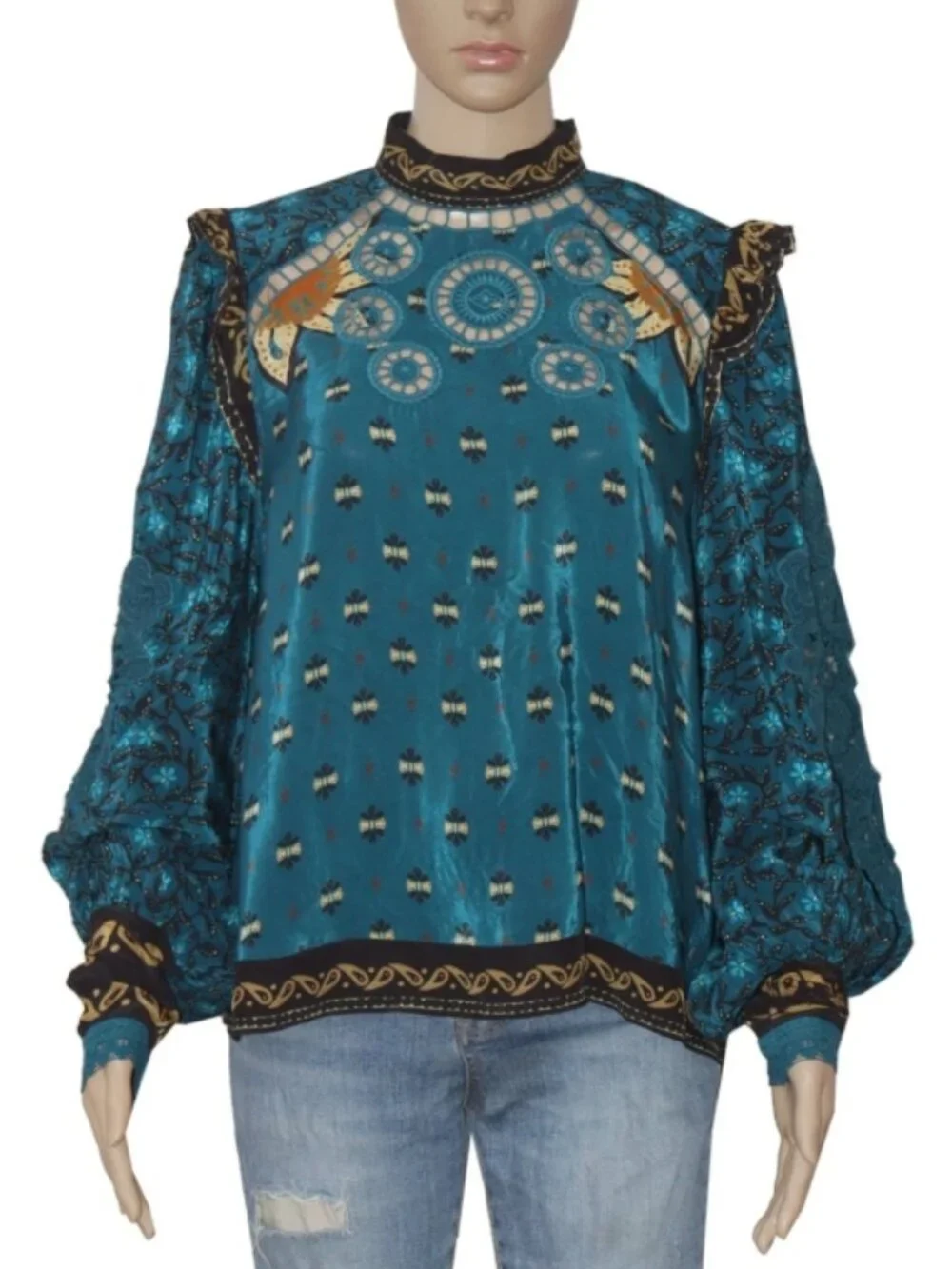 Farm Ainika Chill Blue Long Sleeve Blouse Top Crochet Embroidered S